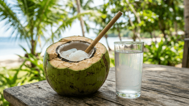 A fresh green jelly coconut opened with a straw, next to a glass of clear coconut water.