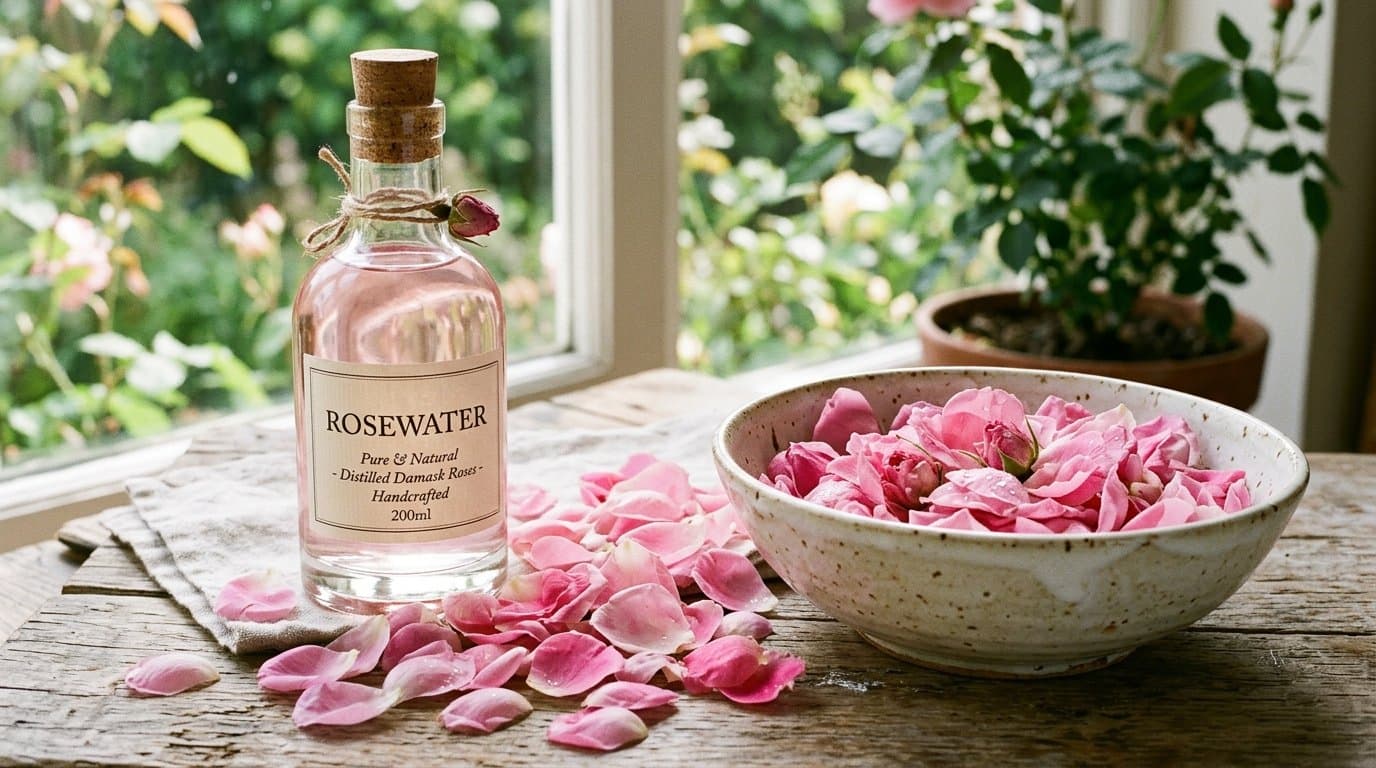 A glass bottle of rosewater beside fresh pink rose petals and a bowl