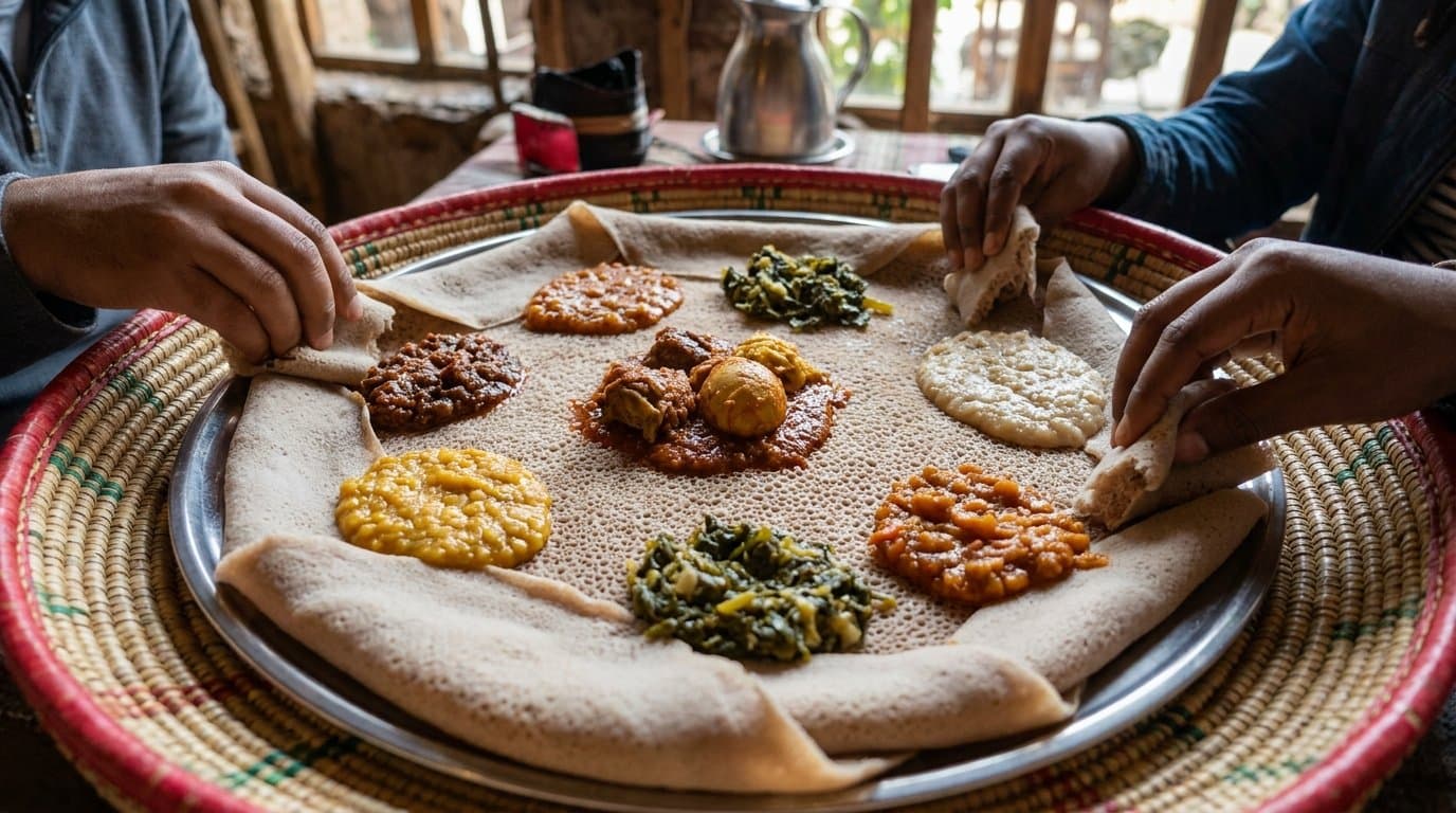 A large round injera flatbread topped with small mounds of Ethiopian stews and vegetables, served on a shared platter