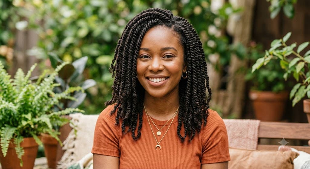 A woman with shoulder-length kinky twists, small two-strand twists made with soft textured hair that blends with her natural hair.