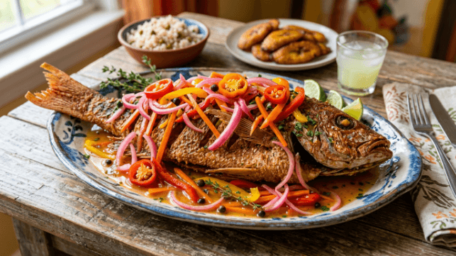 A whole fried fish topped with colourful pickled onions, carrot, peppers and scotch bonnet in a tangy escovitch dressing.