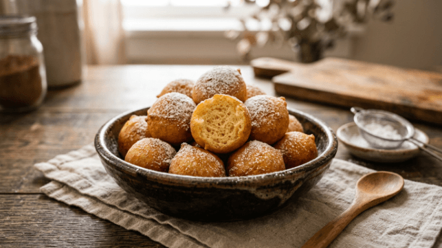 A bowl of golden, round puff puff, soft deep-fried dough balls dusted lightly with sugar.