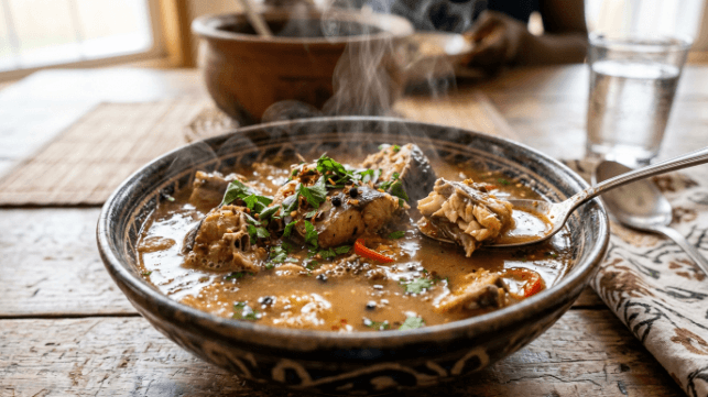 A steaming bowl of light reddish-brown Nigerian pepper soup with pieces of catfish, herbs and a scattering of spice.