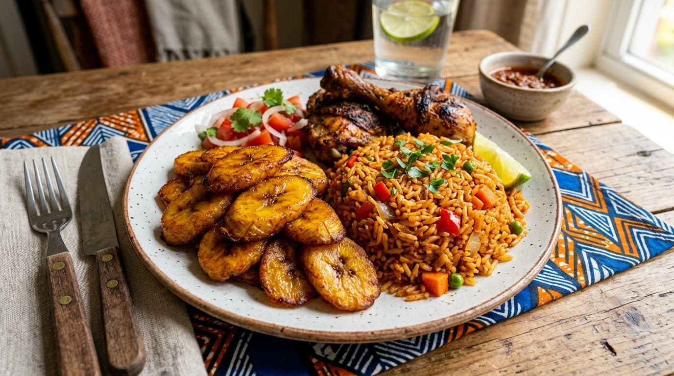 A plate of fried plantain, golden caramelised slices of ripe plantain, beside jollof rice.
