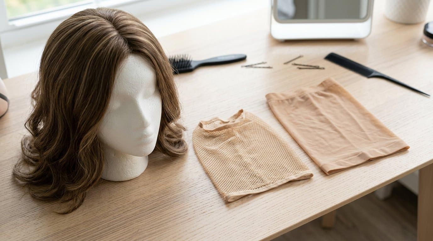 A nude mesh wig cap and a nylon stocking wig cap laid out beside a wig on a stand.