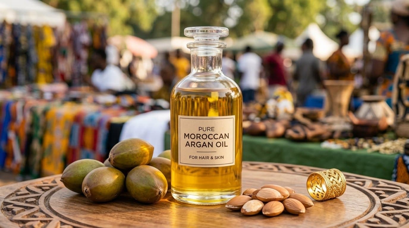 A small bottle of golden Moroccan argan oil beside argan nuts and kernels, a prized beauty oil for hair and skin.
