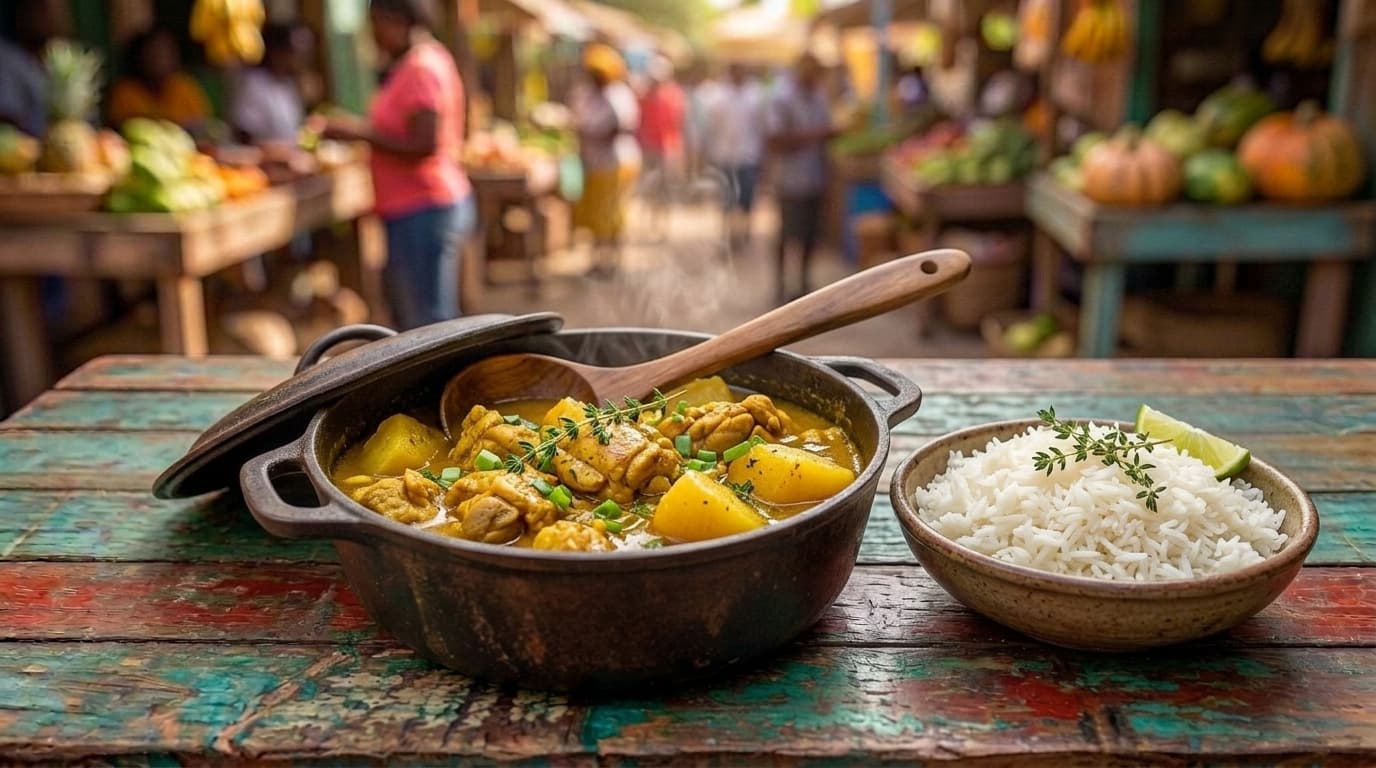 A pot of Caribbean curry chicken, golden and fragrant with potatoes, beside white rice.