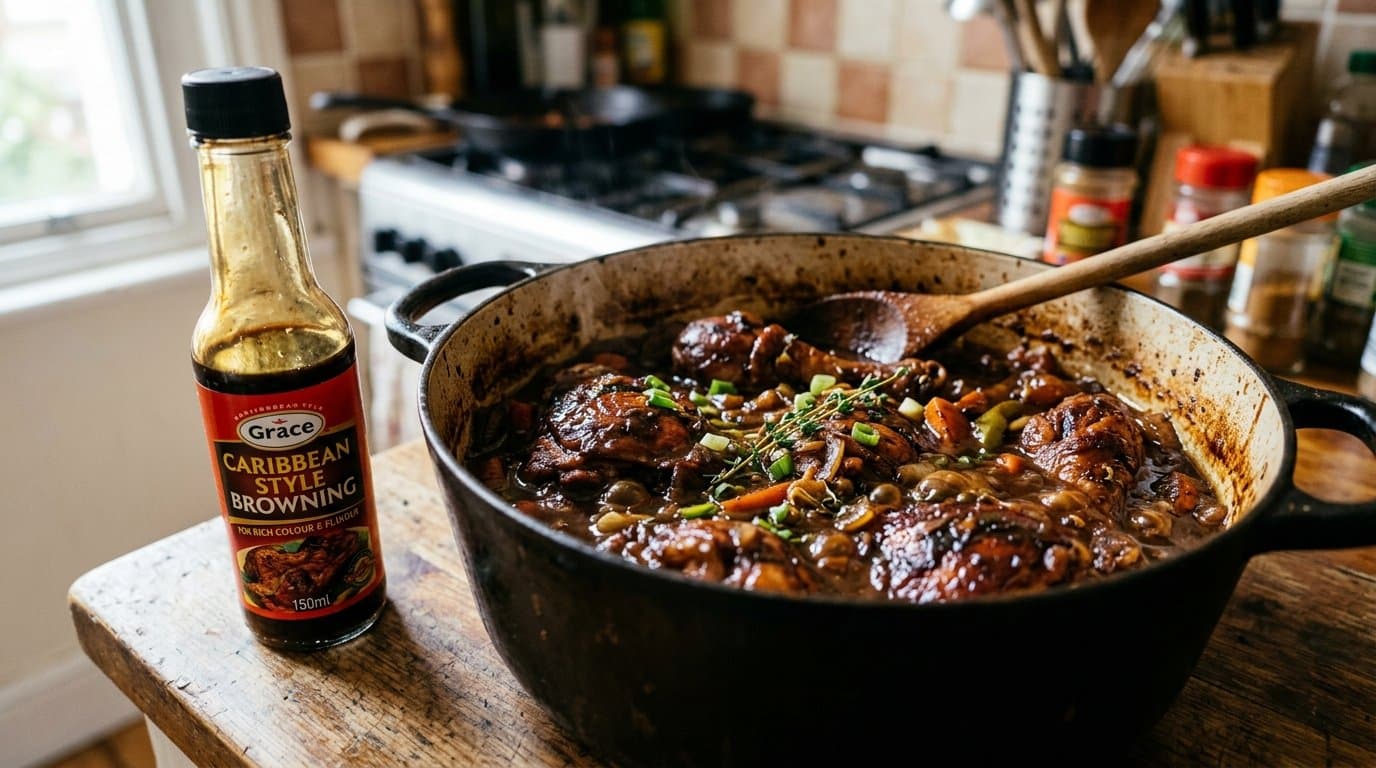A bottle of dark browning sauce beside a pot of rich brown stew chicken showing its deep colour.