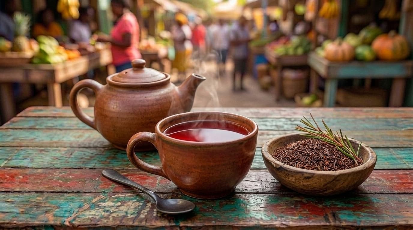 A cup of red rooibos tea beside a small pile of dried rooibos leaves and a teapot.