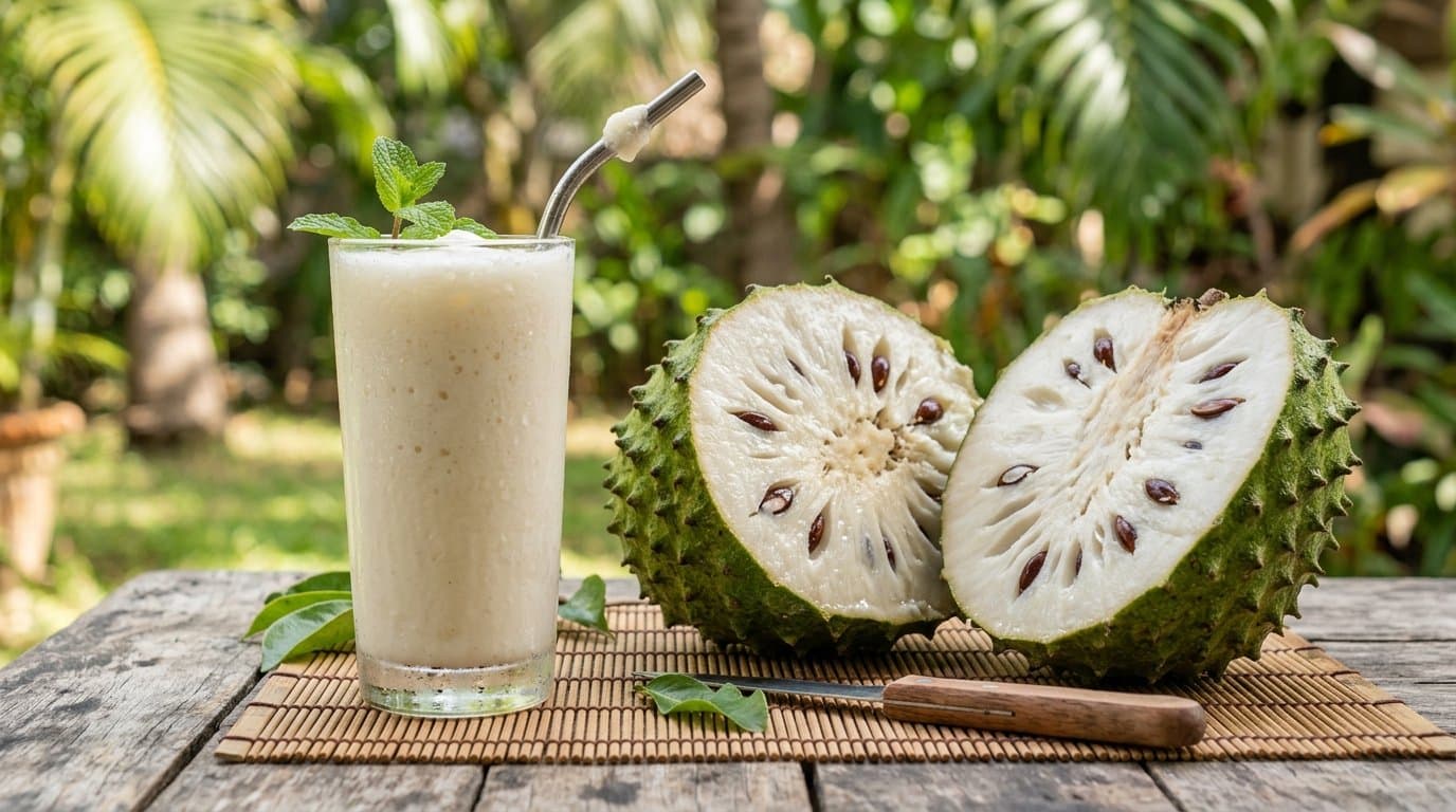 A glass of creamy soursop juice beside a whole green spiky soursop fruit cut open to show white flesh.