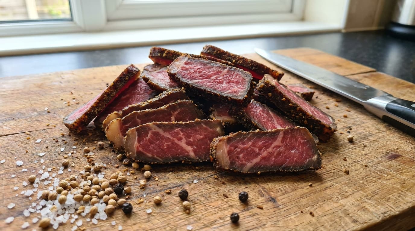 Sliced beef biltong piled on a wooden board, showing the dark cured outside and pink-red centre