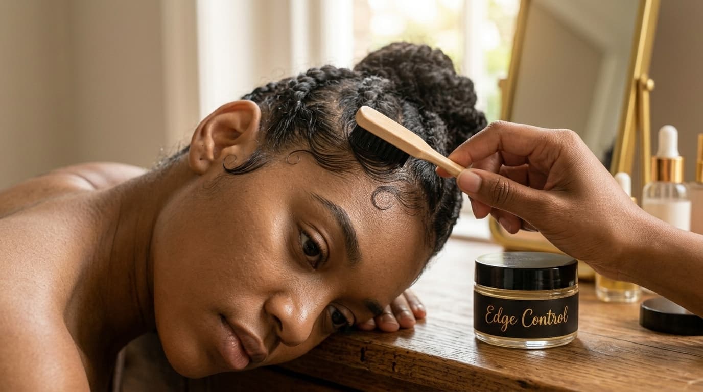 A jar of edge control and a small edge brush beside a person laying down neat, swirled baby hairs along their hairline.