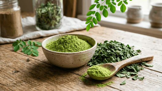 A bowl of bright green moringa powder beside dried moringa leaves and a wooden spoon.