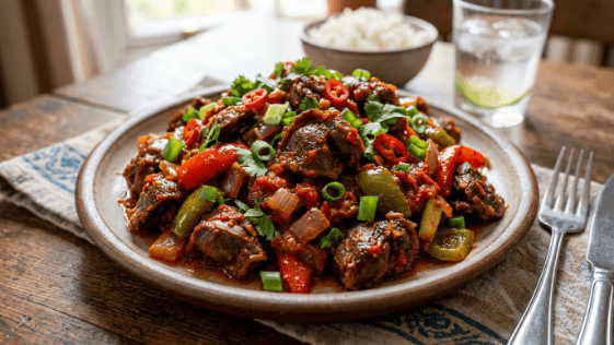 A plate of spicy peppered gizzard, browned chicken gizzards tossed in a thick red pepper sauce with onions and peppers.