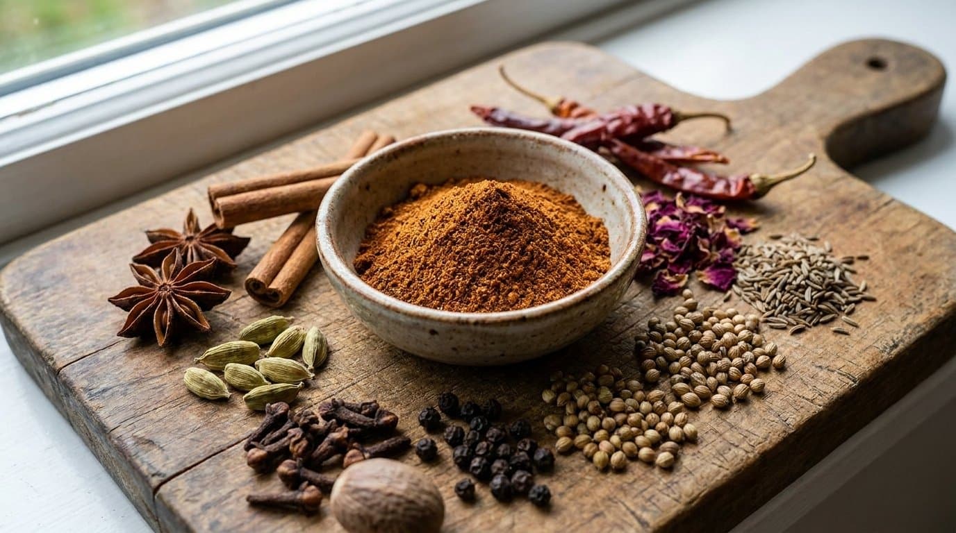 A small bowl of reddish-brown ras el hanout spice blend surrounded by the whole spices that go into it, on a wooden board.