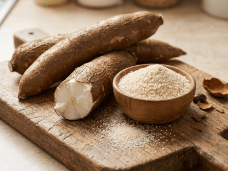 Long brown-skinned cassava roots, one snapped open to show firm white starchy flesh, beside a bowl of pale garri granules.