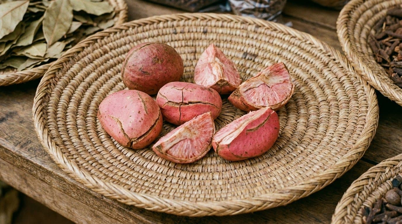 Several pinkish-red kola nut segments beside a whole kola nut, on a woven tray.