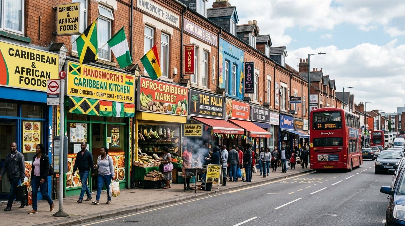 A Birmingham street scene in Handsworth with African and Caribbean food shops and restaurants.