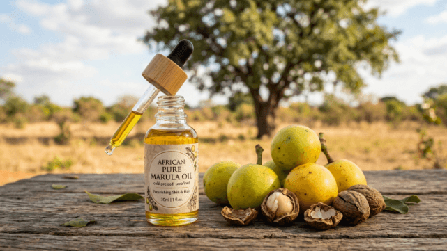 A small glass bottle of golden marula oil with a dropper, beside marula fruits and nuts from the African marula tree.