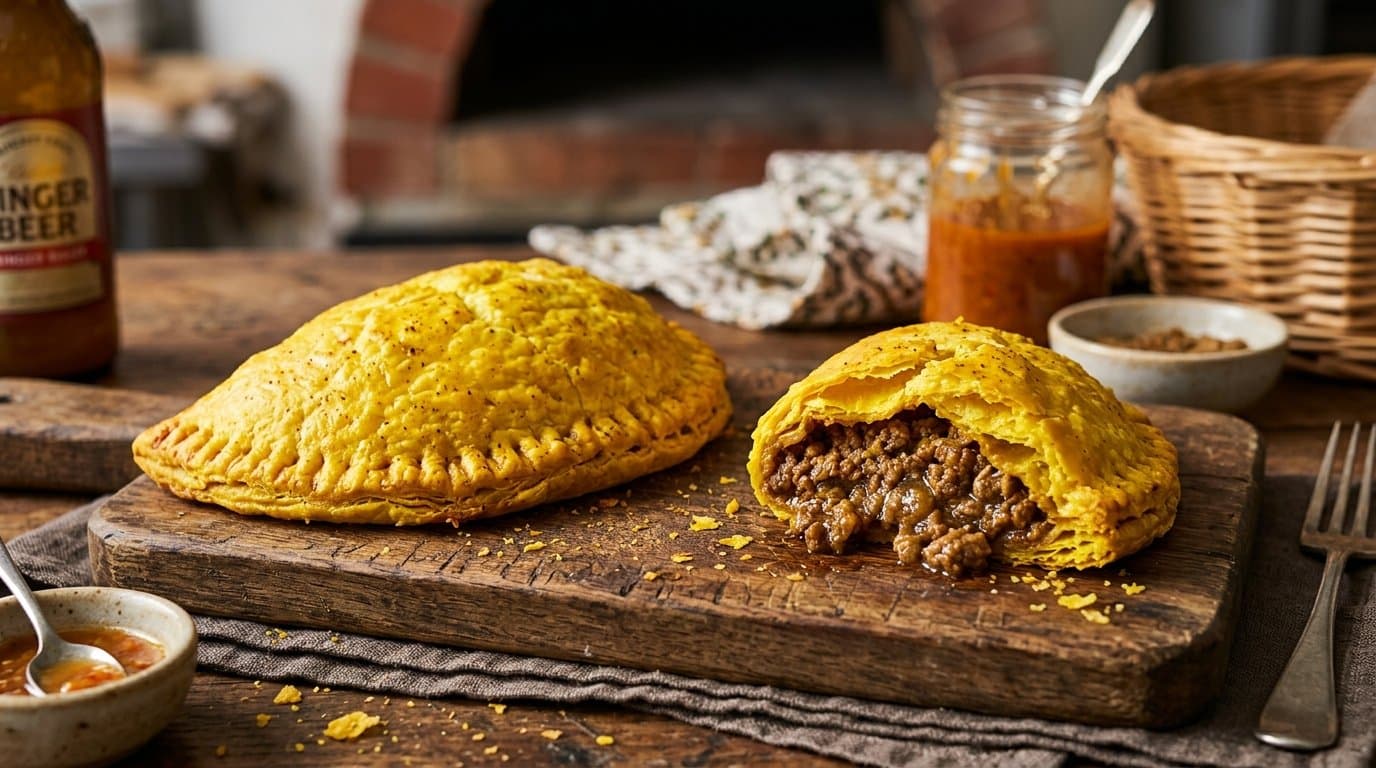 A golden, flaky Jamaican beef patty with a bright yellow crust, one broken open to show spiced filling.