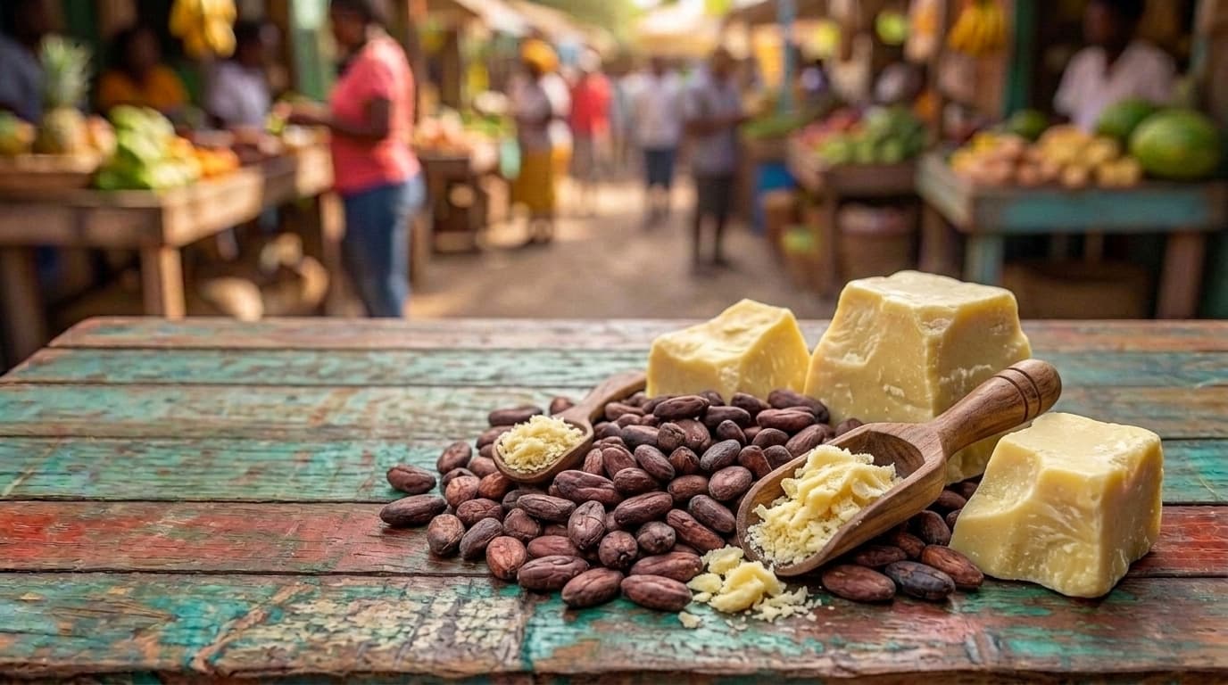 Pale yellow blocks and scoops of raw cocoa butter beside cocoa beans, a rich natural fat used for skin and hair.