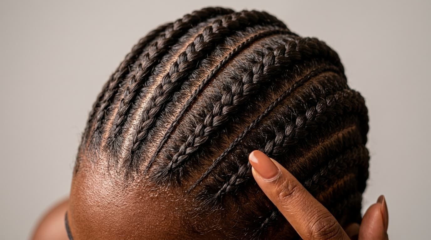 Close-up of neat cornrow braids styled in a feed-in pattern along the scalp