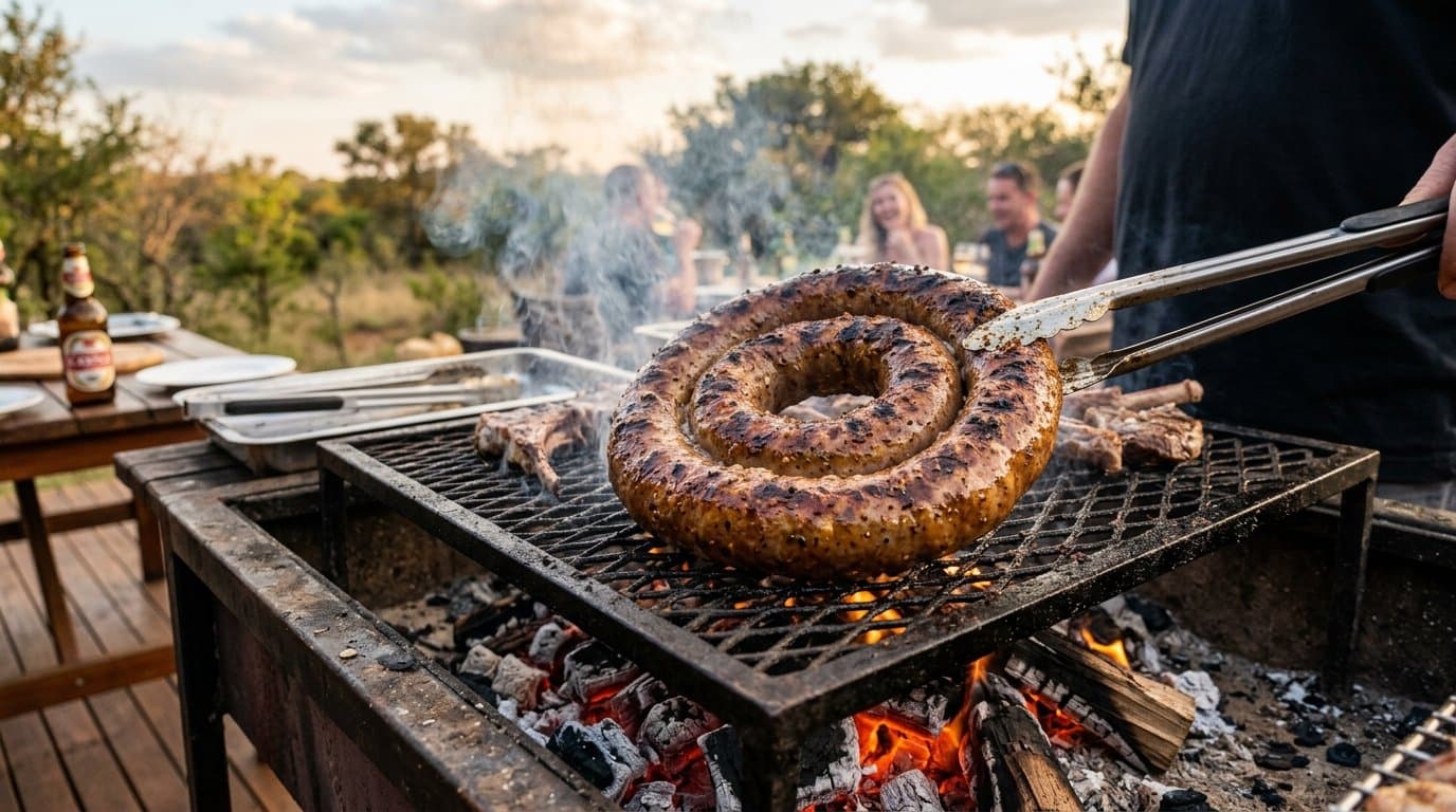 A coil of thick South African boerewors sausage grilling on a braai, browned and sizzling.