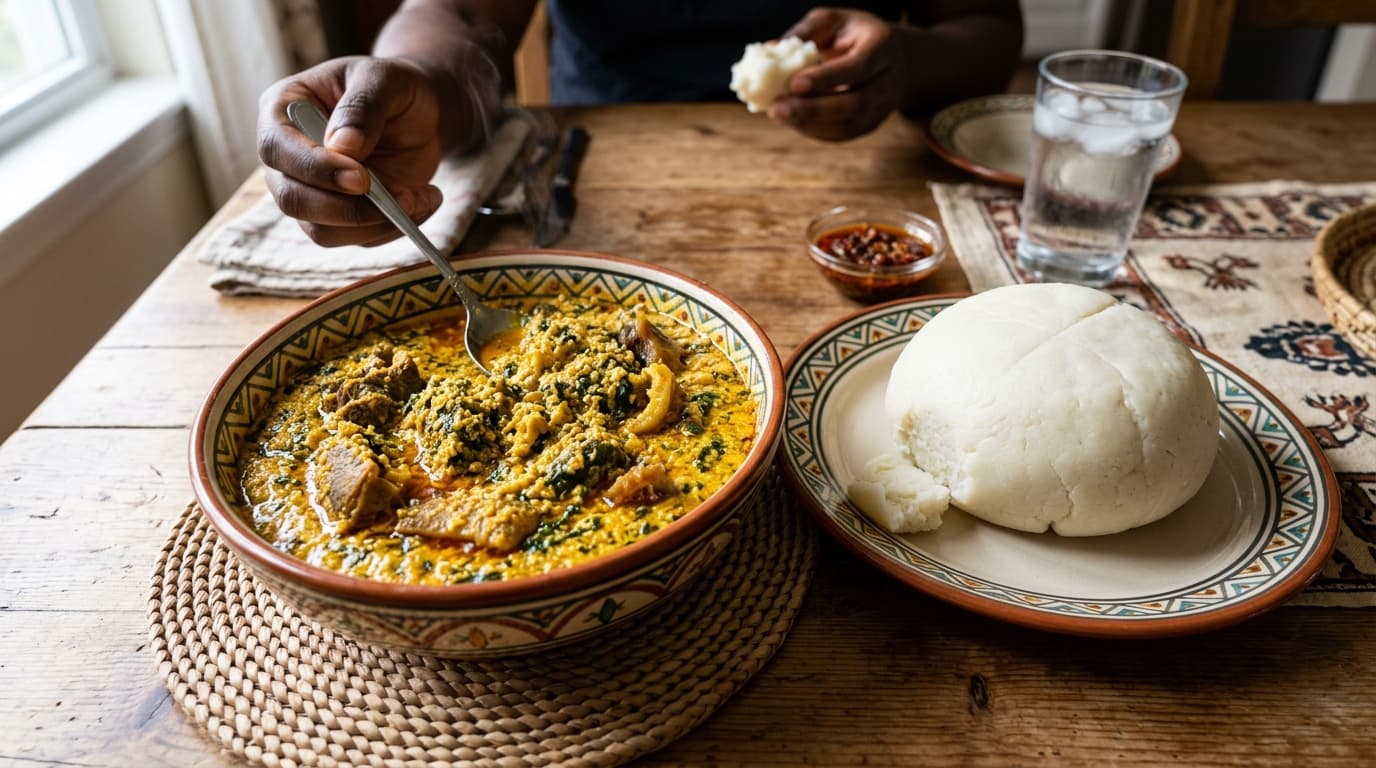 A bowl of thick yellow egusi soup with ground melon seeds, leafy greens and pieces of meat and fish, served with a mound of white pounded yam.