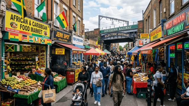 A busy Brixton street scene with African and Caribbean food shops and a market.