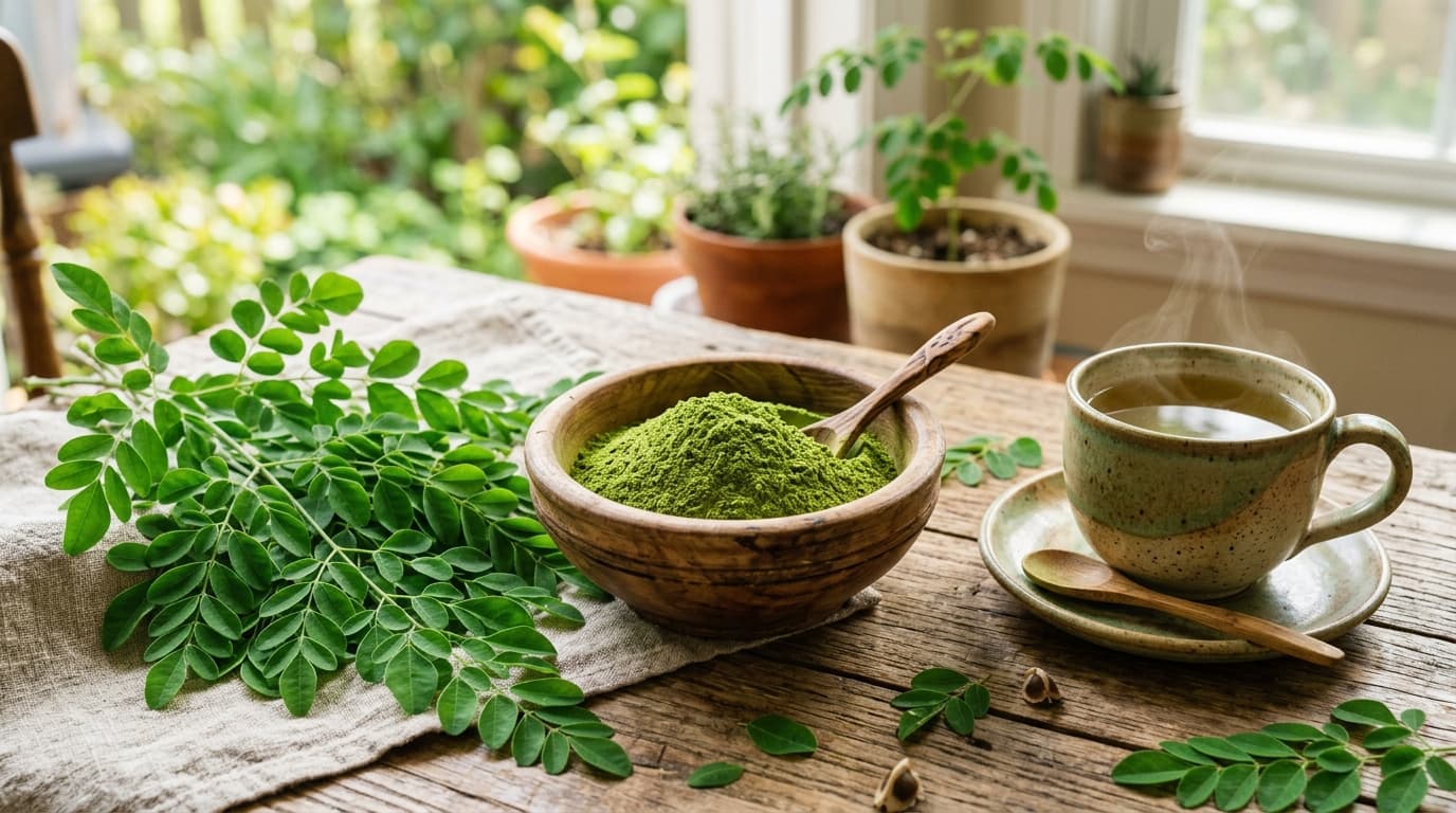 A wooden bowl of bright green moringa powder beside fresh moringa leaves and a cup of moringa tea