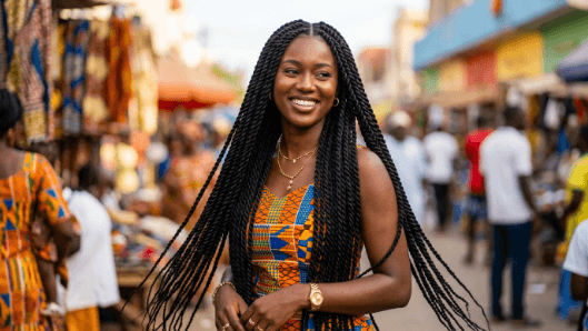 A woman wearing long Senegalese twists, smooth rope-like two-strand twists with extension hair.