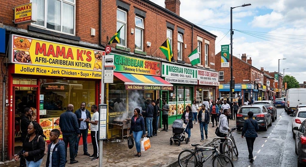 A Manchester street scene in Moss Side with African and Caribbean food shops and restaurants.