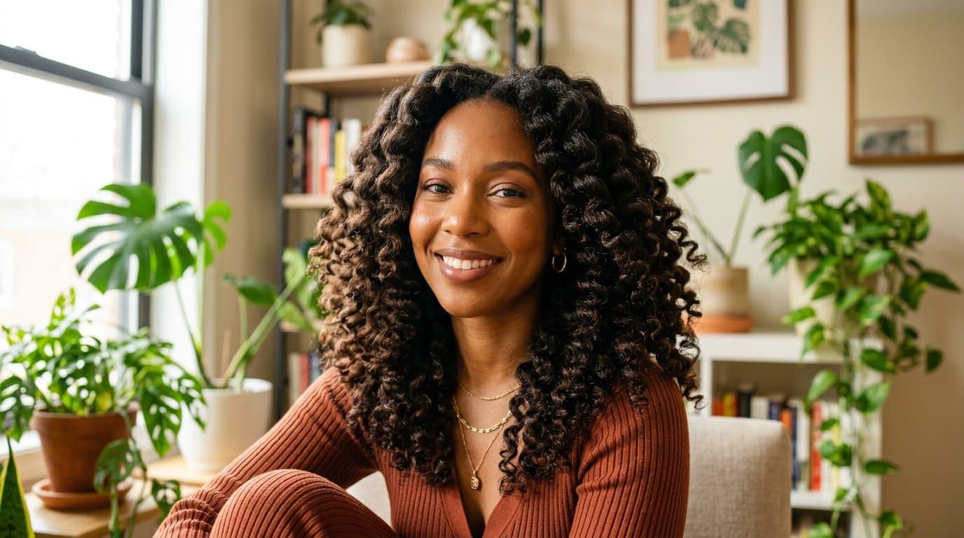 A woman with a full, defined twist out, her natural hair unravelled from twists into soft, uniform waves and curls.