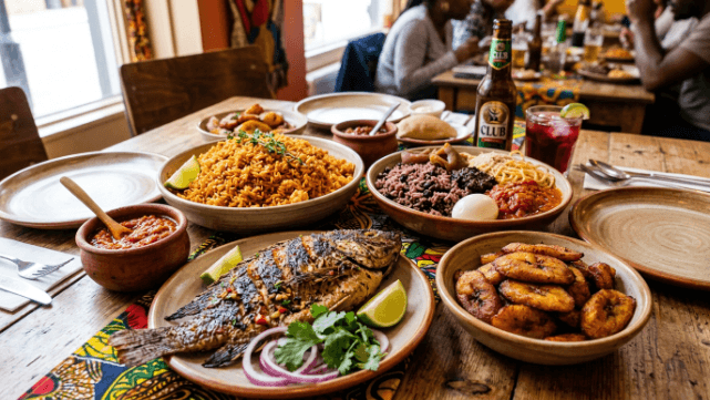 A spread of Ghanaian dishes including jollof rice, waakye, fried plantain and grilled tilapia served with pepper sauce