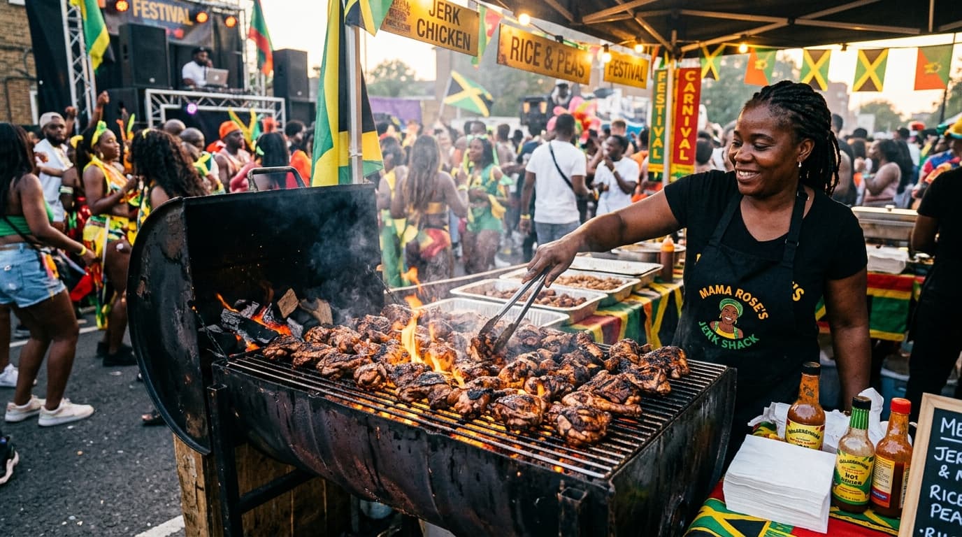 Jerk chicken sizzling on an oil-drum grill at a Caribbean carnival street stall