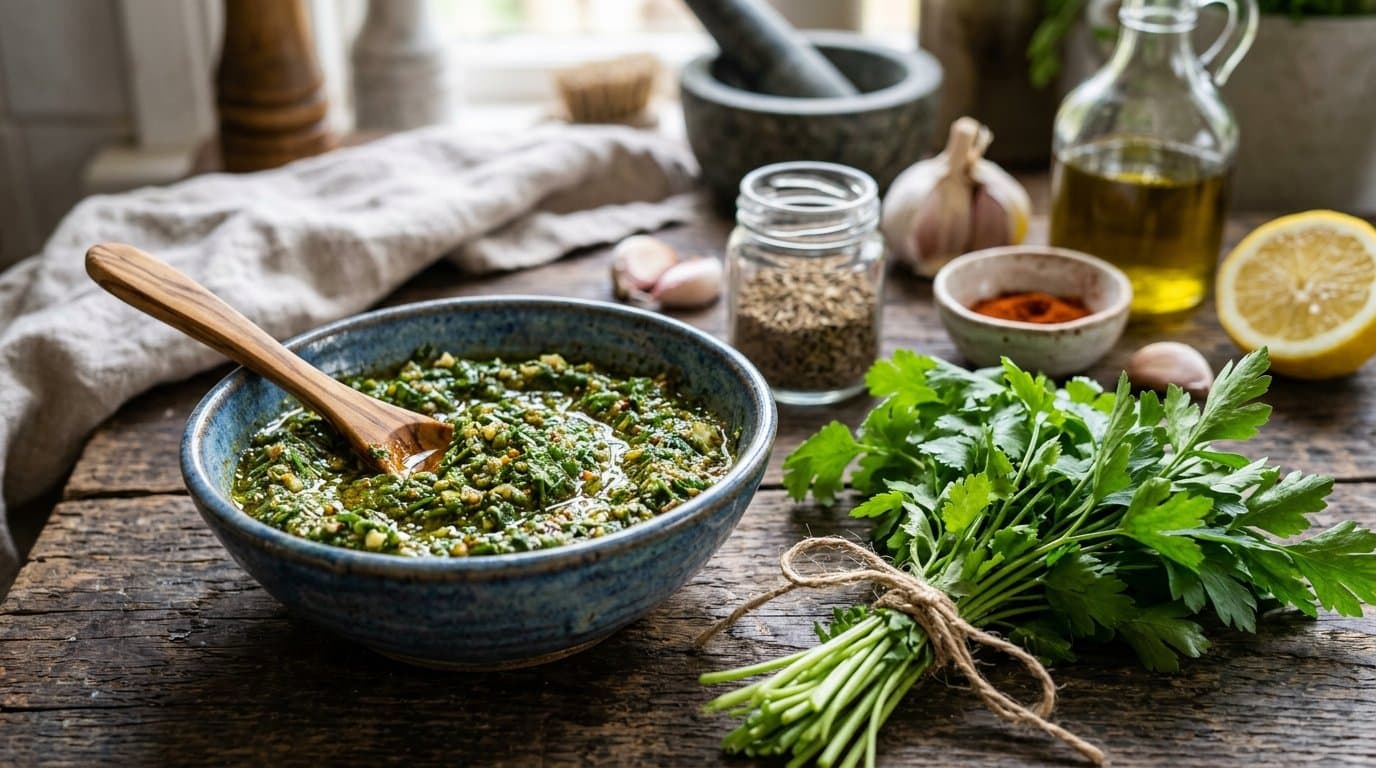 A bowl of green chermoula marinade with coriander, parsley, garlic, cumin and paprika, beside fresh herbs.
