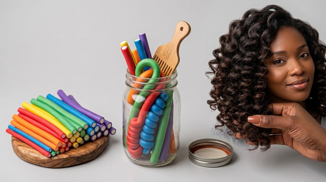A set of colourful bendable flexi rods beside a woman whose hair is set into soft, bouncy heatless curls.