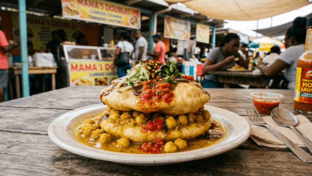 A plate of Trinidadian doubles, curried chickpeas in soft fried bara, with pepper sauce.