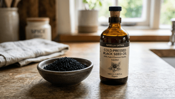 A small dish of whole black Nigella sativa seeds beside a glass bottle of dark cold-pressed black seed oil