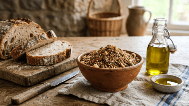 A small bowl of coarse Egyptian dukkah, a crumbly blend of toasted nuts, sesame, coriander and cumin, beside bread and olive oil.