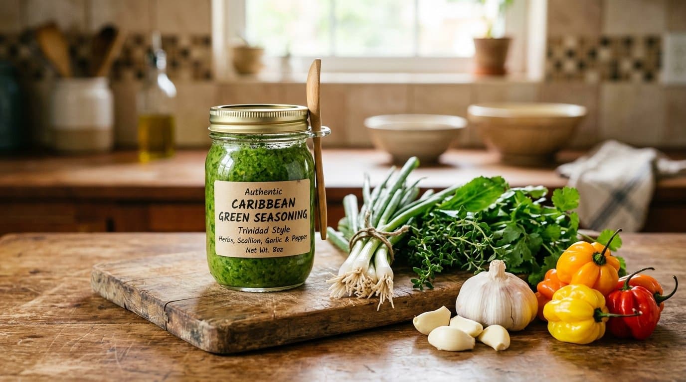 A jar of bright green Caribbean green seasoning beside fresh herbs, scallion, garlic and scotch bonnet.