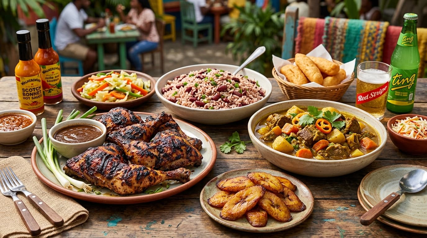 A spread of Jamaican dishes including jerk chicken, rice and peas, fried plantain and curry goat