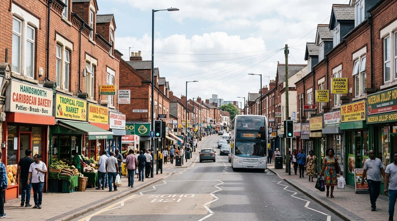 A Handsworth street scene along Soho Road in Birmingham with African and Caribbean food shops and restaurants.