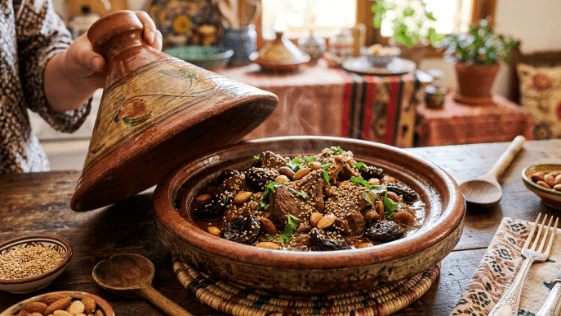 A traditional glazed clay tagine pot with its tall conical lid lifted, showing lamb slow-cooked with prunes, almonds and sesame seeds