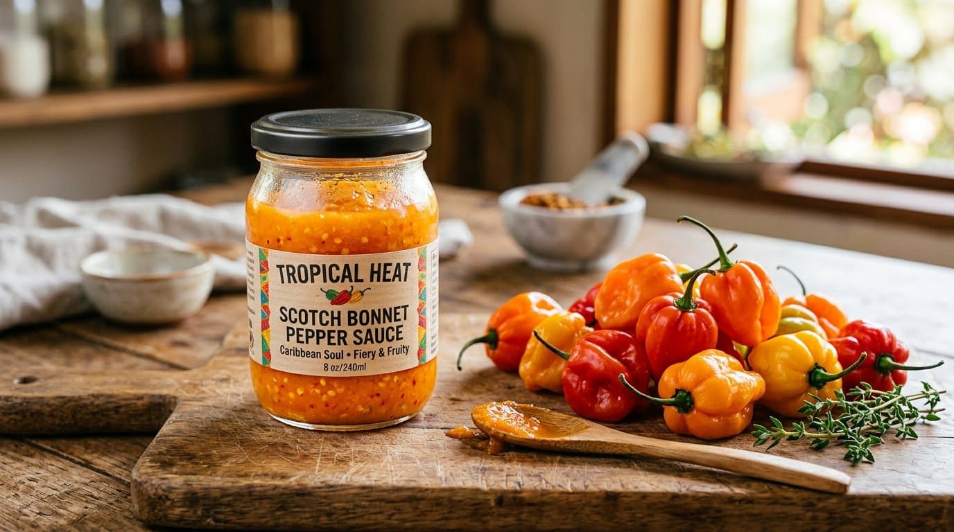 A jar of bright orange Caribbean pepper sauce made from scotch bonnet peppers, beside fresh chillies.