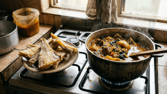 Pieces of dried stockfish, the stiff air-dried white fish used in West African soups, beside a pot of cooking soup.