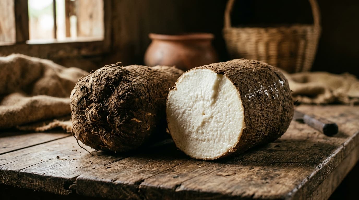 A large rough-skinned brown African yam tuber cut open to show firm white starchy flesh, beside a whole uncut yam.