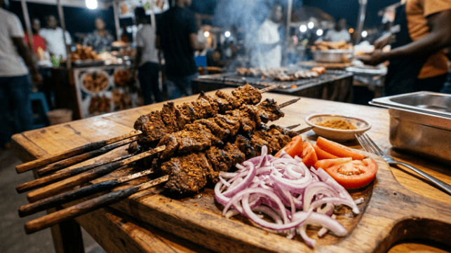 Skewers of thinly sliced grilled beef suya dusted with a red-brown peanut spice mix, served with sliced raw onions and tomato.