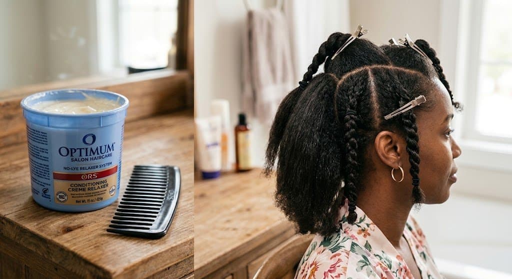 A tub of hair relaxer cream beside a wide-tooth comb and sectioned relaxed afro hair.