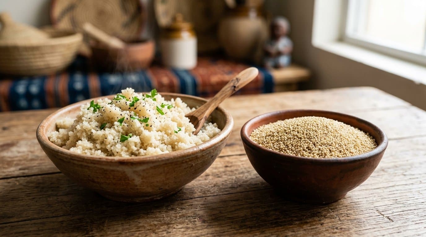 A bowl of cooked fluffy fonio, a tiny pale ancient West African grain, beside a bowl of the uncooked seeds.
